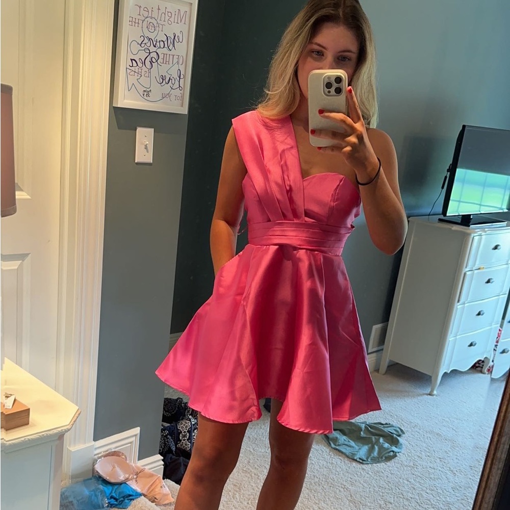 Fuchsia, one shoulder mini dress with pockets. Size small